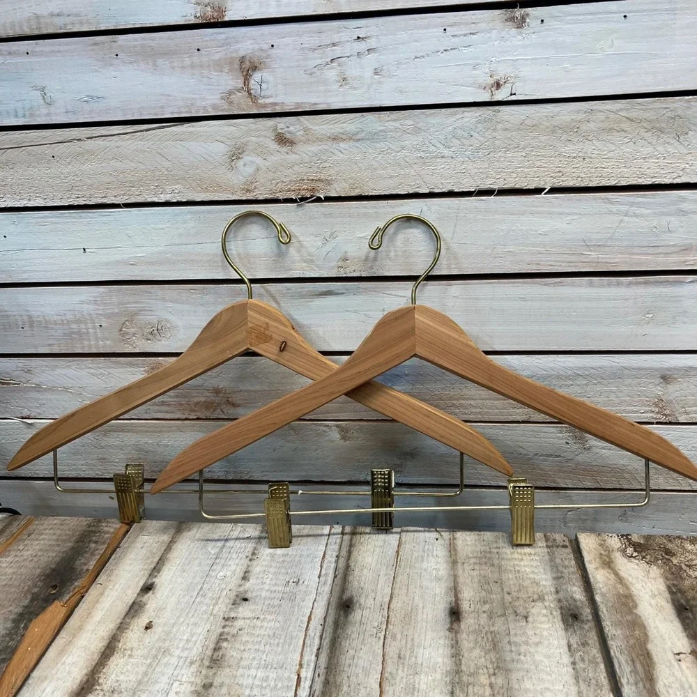 L.L. Bean Brown Cedar Wood Suit Hangers Brass‎ Clips Vintage Set of 2 OS